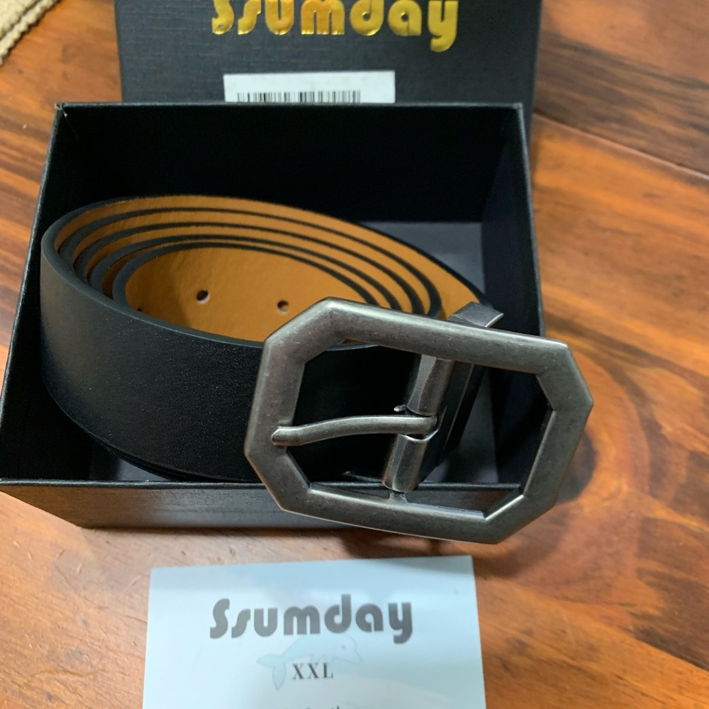 Men's Black Leather Belt with Octagon Silver Metal Buckle